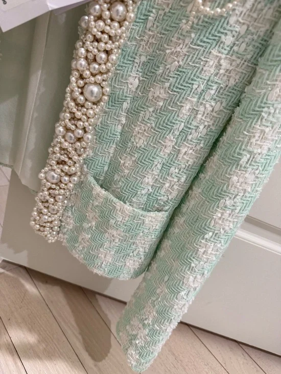 Balmain Mint Green Pearl-Trim Tweed Blazer - Picture 6 of 7